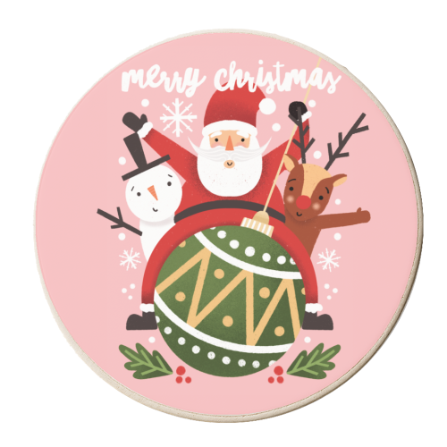 Santa, Rudolph and Snowman on a Bauble - personalised beer coaster by AbiGoLucky