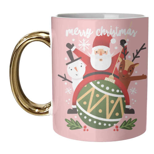 Santa, Rudolph and Snowman on a Bauble - unique mug by AbiGoLucky