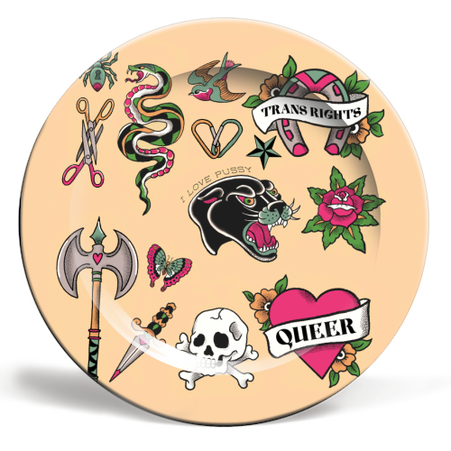 Sapphic Tattoo Flash - ceramic dinner plate by The Queer Store