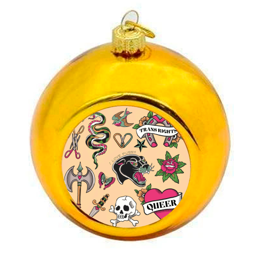 Sapphic Tattoo Flash - colourful christmas bauble by The Queer Store