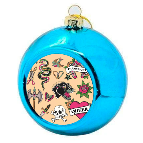 Sapphic Tattoo Flash - colourful christmas bauble by The Queer Store