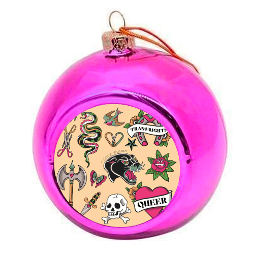 Sapphic Tattoo Flash - colourful christmas bauble by The Queer Store