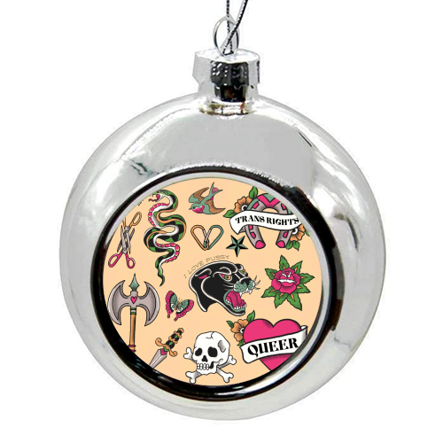 Sapphic Tattoo Flash - colourful christmas bauble by The Queer Store