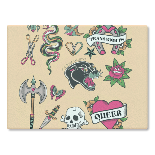 Sapphic Tattoo Flash - glass chopping board by The Queer Store