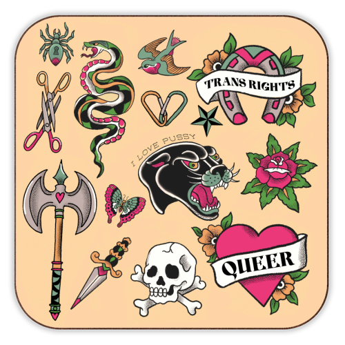 Sapphic Tattoo Flash - personalised beer coaster by The Queer Store