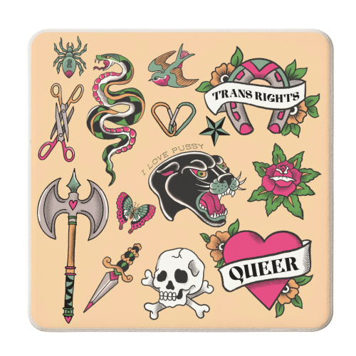 Sapphic Tattoo Flash - personalised beer coaster by The Queer Store