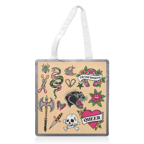 Sapphic Tattoo Flash - printed canvas tote bag by The Queer Store