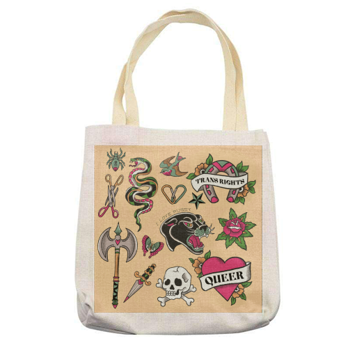 Sapphic Tattoo Flash - printed canvas tote bag by The Queer Store
