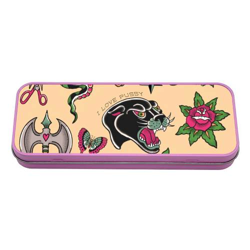 Sapphic Tattoo Flash - tin pencil case by The Queer Store