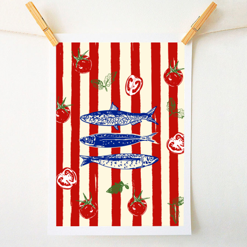 Sardines and Tomato Stripe Kitchen Doodle - A1 - A4 art print by EZbie