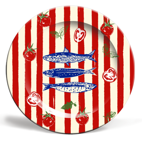 Sardines and Tomato Stripe Kitchen Doodle - ceramic dinner plate by EZbie