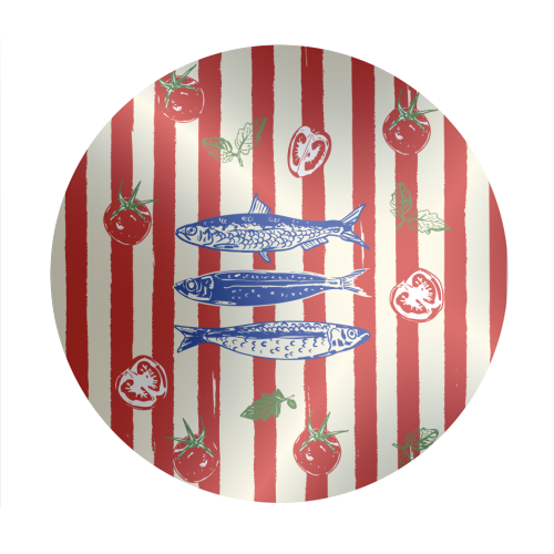 Sardines and Tomato Stripe Kitchen Doodle - Circle Sticker by EZbie
