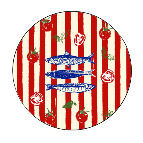 Sardines and Tomato Stripe Kitchen Doodle - Circle Sticker by EZbie