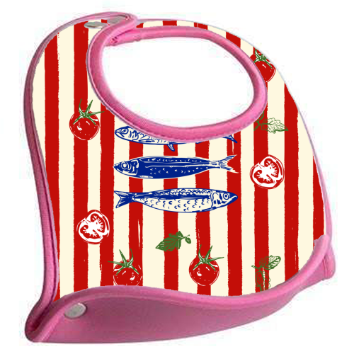 Sardines and Tomato Stripe Kitchen Doodle - feeding bib by EZbie