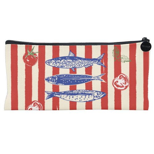 Sardines and Tomato Stripe Kitchen Doodle - flat pencil case by EZbie