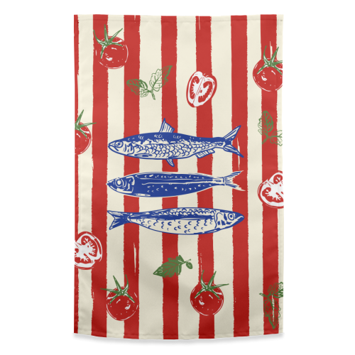 Sardines and Tomato Stripe Kitchen Doodle - funny tea towel by EZbie