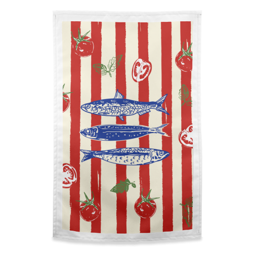 Sardines and Tomato Stripe Kitchen Doodle - funny tea towel by EZbie