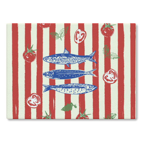 Sardines and Tomato Stripe Kitchen Doodle - glass chopping board by EZbie