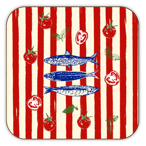 Sardines and Tomato Stripe Kitchen Doodle - personalised beer coaster by EZbie