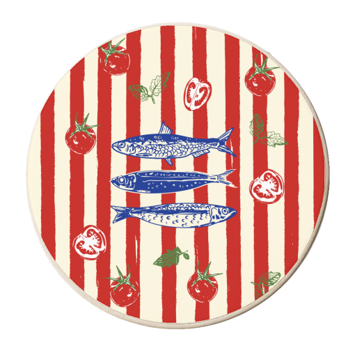 Sardines and Tomato Stripe Kitchen Doodle - personalised beer coaster by EZbie