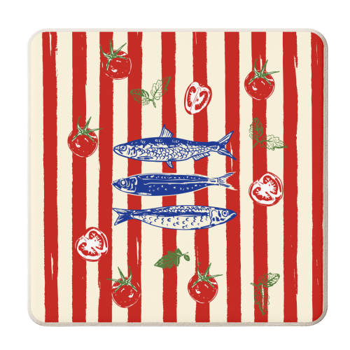 Sardines and Tomato Stripe Kitchen Doodle - personalised beer coaster by EZbie