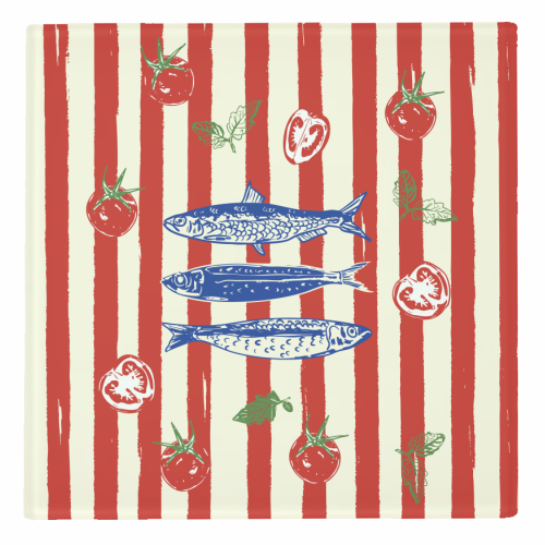 Sardines and Tomato Stripe Kitchen Doodle - personalised beer coaster by EZbie