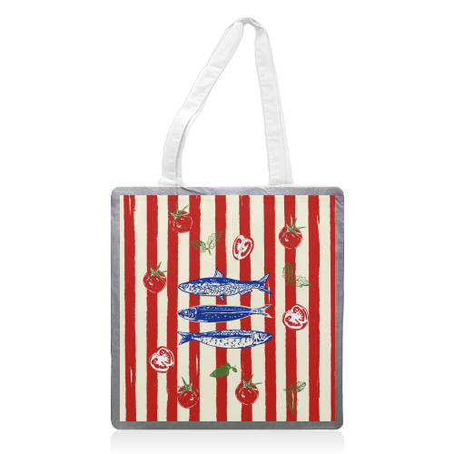 Sardines and Tomato Stripe Kitchen Doodle - printed canvas tote bag by EZbie