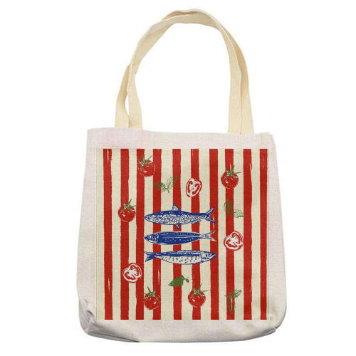 Sardines and Tomato Stripe Kitchen Doodle - printed canvas tote bag by EZbie