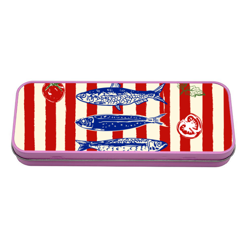 Sardines and Tomato Stripe Kitchen Doodle - tin pencil case by EZbie
