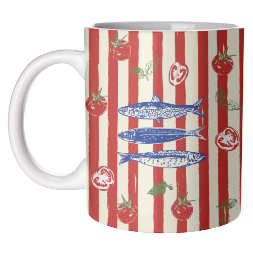 Sardines and Tomato Stripe Kitchen Doodle - unique mug by EZbie
