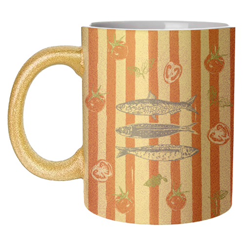 Sardines and Tomato Stripe Kitchen Doodle - unique mug by EZbie