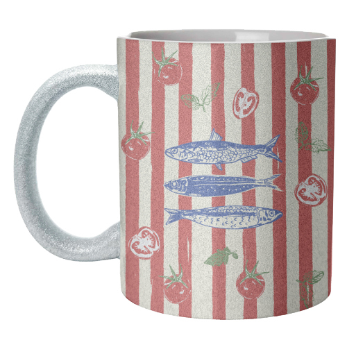 Sardines and Tomato Stripe Kitchen Doodle - unique mug by EZbie