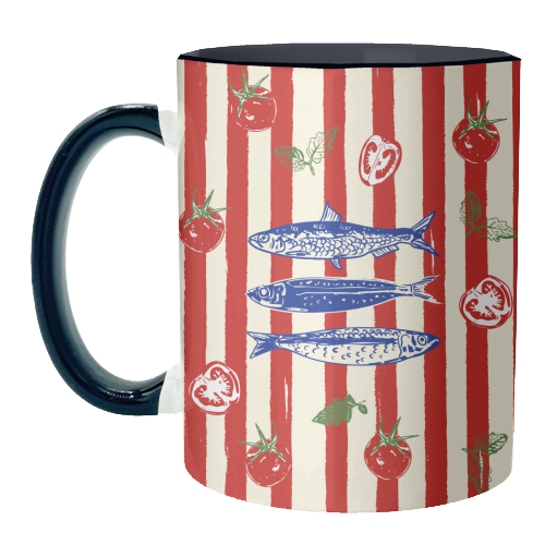 Sardines and Tomato Stripe Kitchen Doodle - unique mug by EZbie