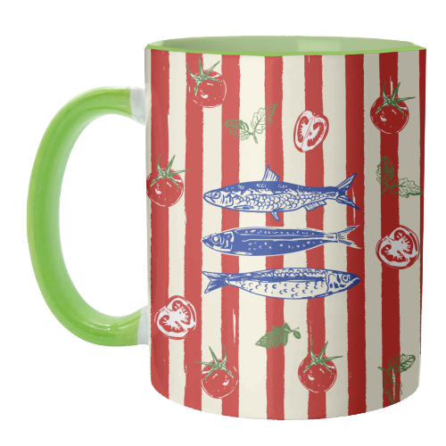 Sardines and Tomato Stripe Kitchen Doodle - unique mug by EZbie