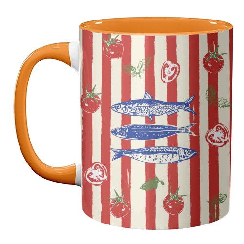 Sardines and Tomato Stripe Kitchen Doodle - unique mug by EZbie