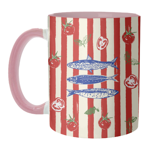 Sardines and Tomato Stripe Kitchen Doodle - unique mug by EZbie