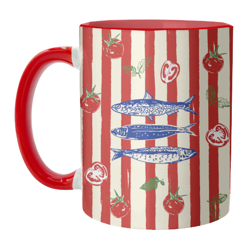 Sardines and Tomato Stripe Kitchen Doodle - unique mug by EZbie