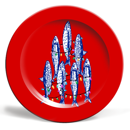 Sardines Christmas Lights - ceramic dinner plate by EZbie