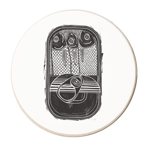 Sardines In A Tin Black & White Linocut - personalised beer coaster by Adam Regester