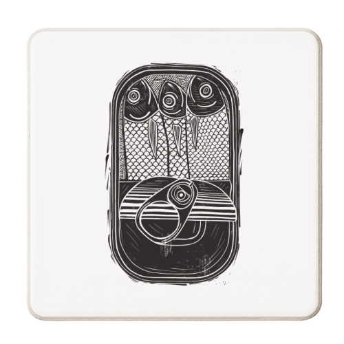 Sardines In A Tin Black & White Linocut - personalised beer coaster by Adam Regester