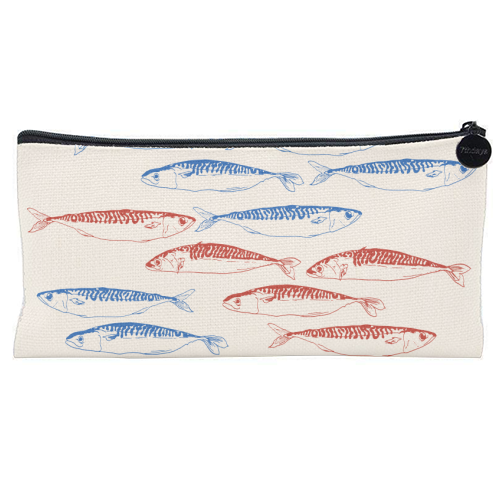 Sardines Pattern Blue and Red - flat pencil case by EZbie