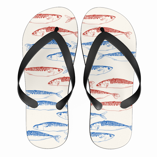 Sardines Pattern Blue and Red - funny flip flops by EZbie