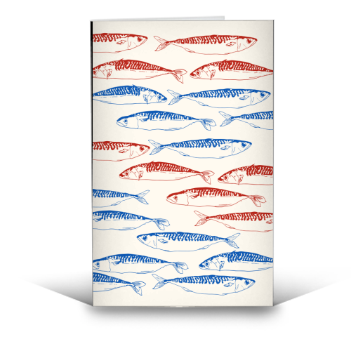 Sardines Pattern Blue and Red - funny greeting card by EZbie