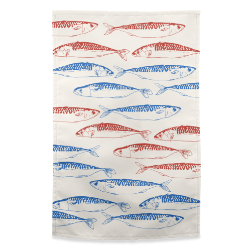 Sardines Pattern Blue and Red - funny tea towel by EZbie