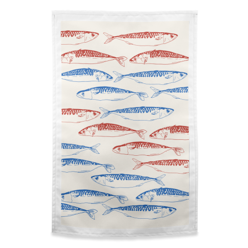 Sardines Pattern Blue and Red - funny tea towel by EZbie