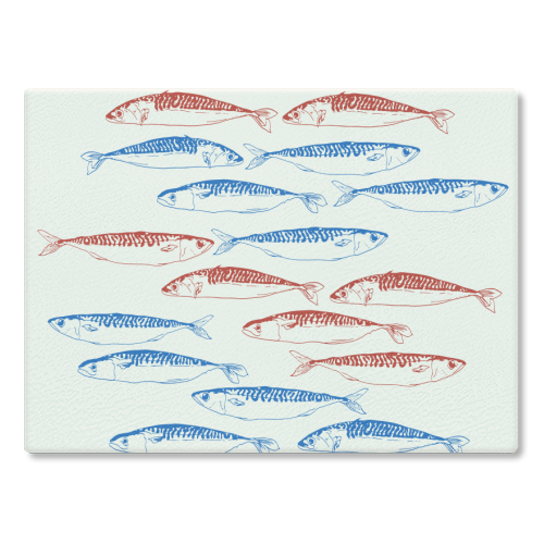 Sardines Pattern Blue and Red - glass chopping board by EZbie