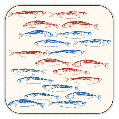 Sardines Pattern Blue and Red - personalised beer coaster by EZbie