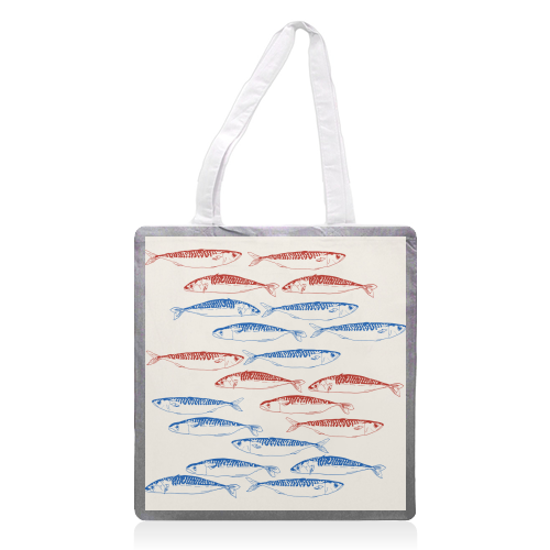 Sardines Pattern Blue and Red - printed canvas tote bag by EZbie