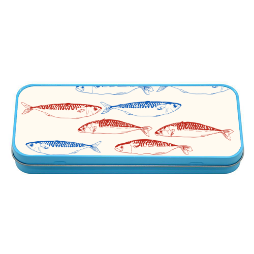 Sardines Pattern Blue and Red - tin pencil case by EZbie
