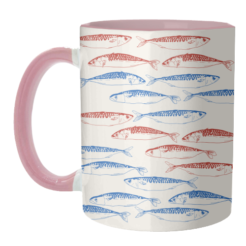 Sardines Pattern Blue and Red - unique mug by EZbie
